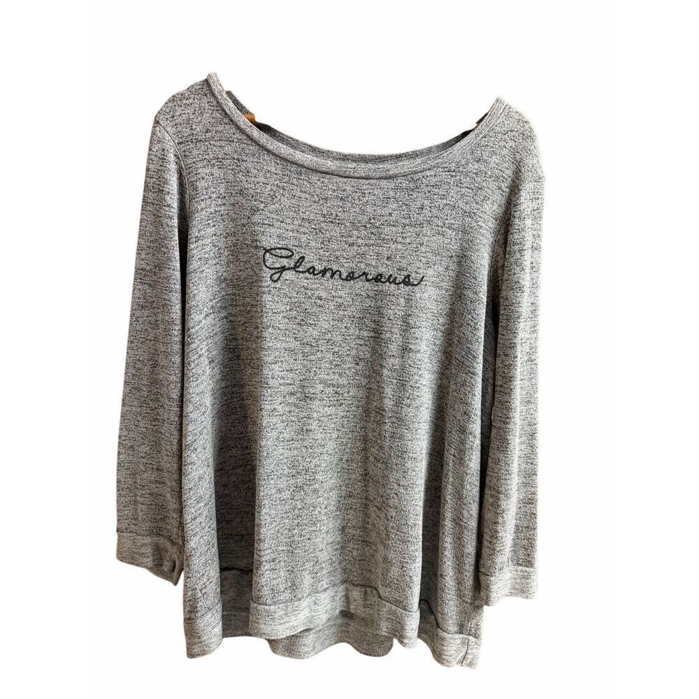 DressBarn Sunday 1X Gray Knit Pullover Top Glamorous Graphic Casual Chic Plus